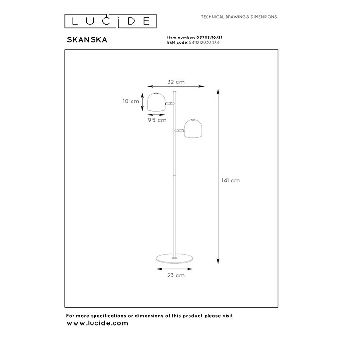 Торшер - Lucide 03703/10/31 Skanska-LED, 5 Вт, 900 лм, 3000K