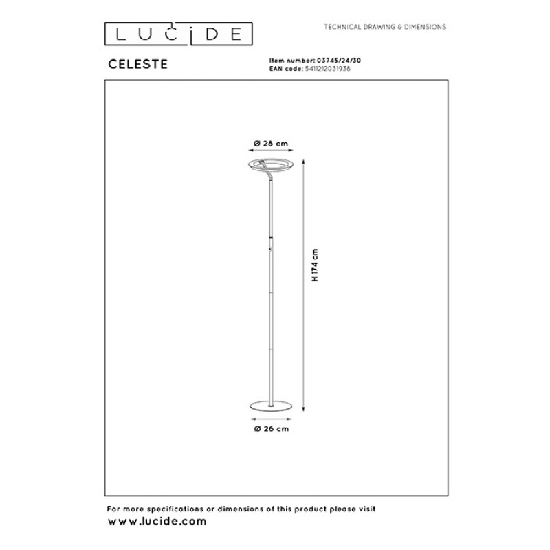 Торшер - Lucide 03745/24/30 Celeste, 20 Вт, 1400 лм, 2700K