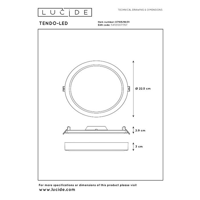 Стельовий світильник Lucide 07105/18/31 Tendo-LED, 18 Вт, 1340 лм, 3000K
