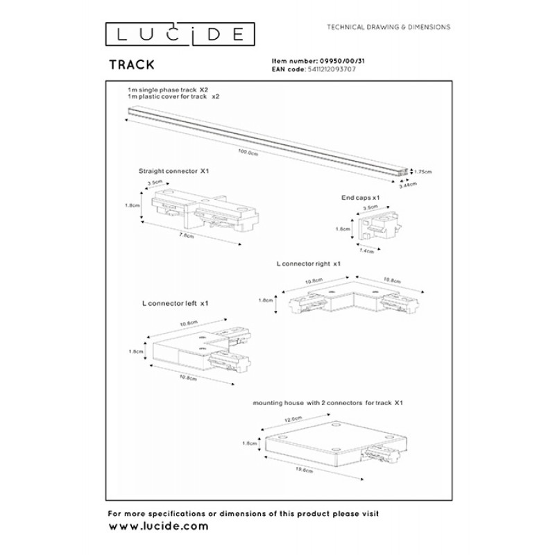 Шинопровод 2м 1 фаза с вводом питания и заглушкой Lucide 09950/00/31 Track