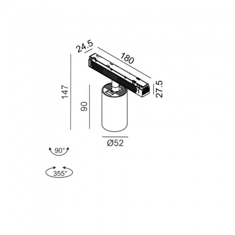 Світильник прожекторний LTX IN_LINE TUB M A 90 DALI 4x, D52mm, H90mm, LED 10.8W, 4000K, diamond black/чорний (06.0591.14.940.DB/BK.DALI.4x)