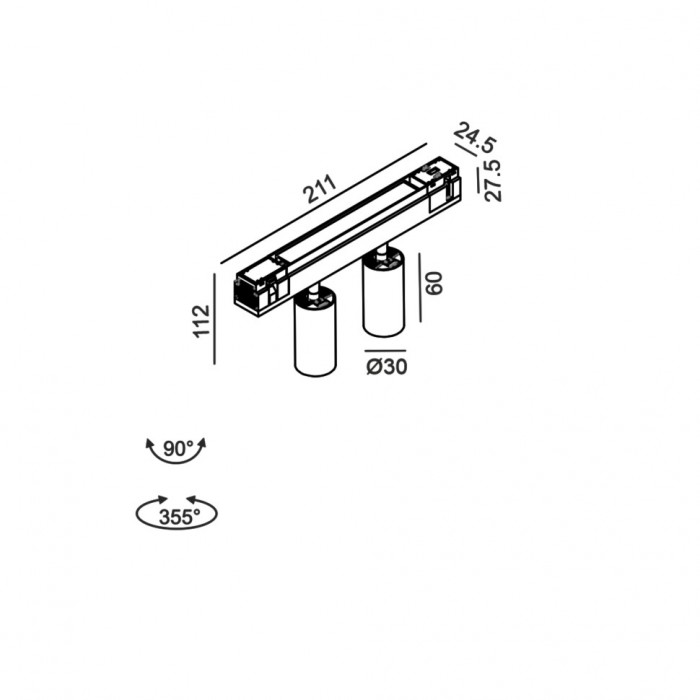 Прожекторный светильник LTX IN_LINE TUB S A 60 X2, 2-х групповой, ON/OFF, D30mm, H60mm, L211mm, LED 2x4.5W, 4000K, белый/черный (06.2301.14.940.WH.2G)