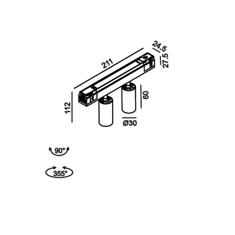 Світильник прожекторний LTX IN_LINE TUB S A 60 X2 DALI 4x, D30mm, H60mm, L211mm, LED 2x4.5W, 3000K, diamond black (06.2301.14.930.DB.DALI.4x)