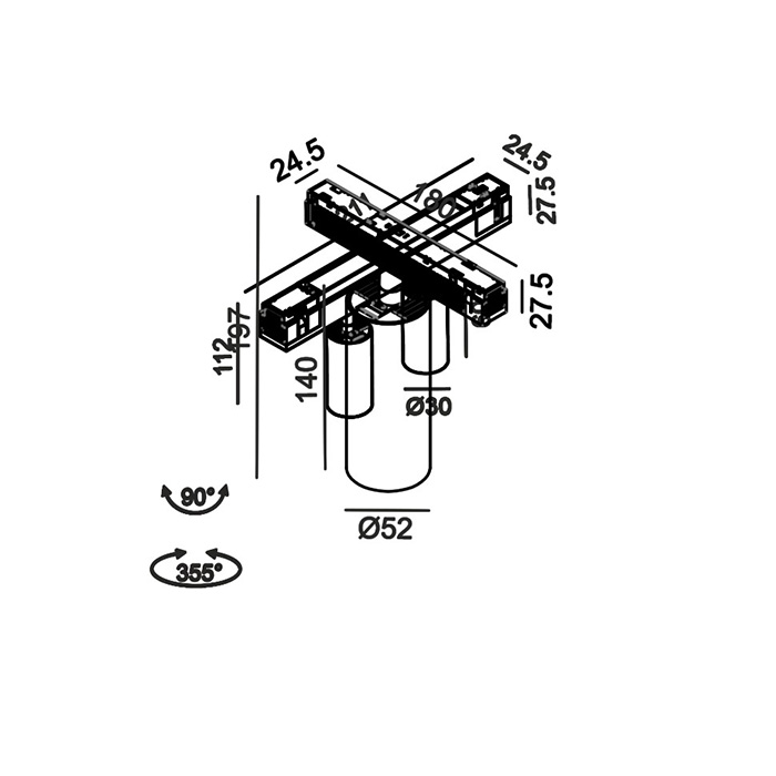 Светильник прожекторный LTX IN_LINE TUB M A 140, 2-х групповой, ON/OFF, D52mm, H140mm, LED 19W, 4000K, латунь/черный (06.0514.19.940.BR/BK.2G)