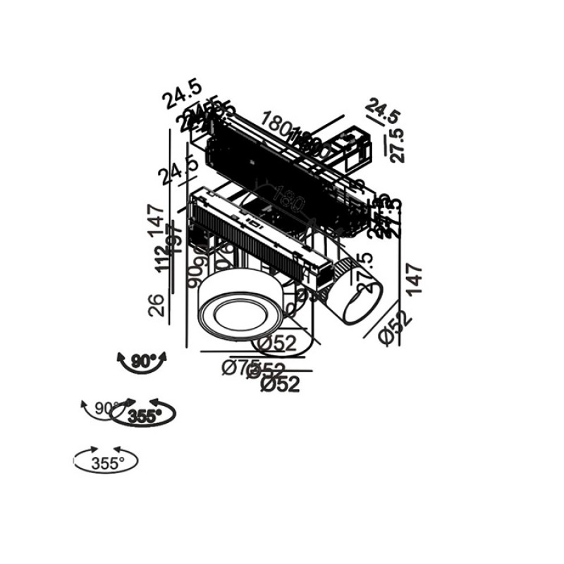 Світильник прожекторний LTX IN_LINE SOL MINI, 2-х групний, ON/OFF, D75mm, H26mm, LED 6.3W, 4000K, латунь/чорний (06.7526.7.940.BR/BK.2G)