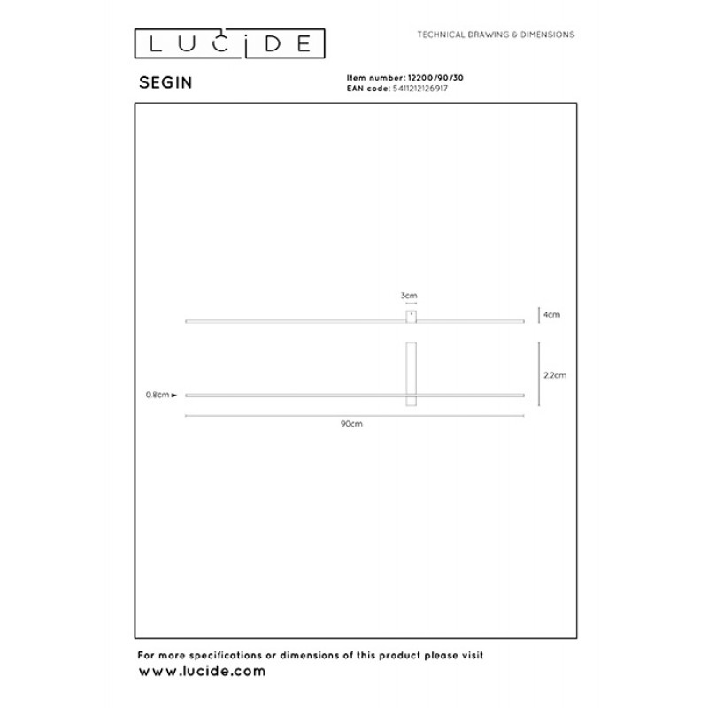 Бра - Lucide 12200/90/30 Segin, 10 Вт, 330 лм, 2700K