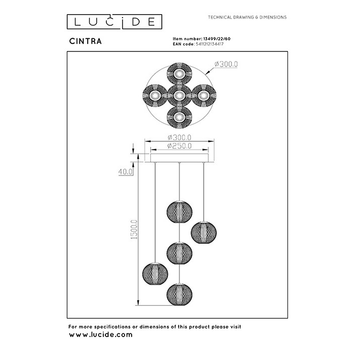 Подвесной светильник Lucide 13499/22/60 Cintra, 4.7 Вт, 1450 лм, 2700K