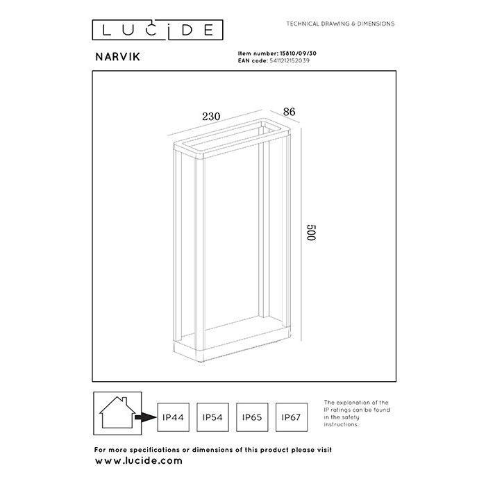 Парковый светильник Lucide 15810/09/30 Narvik, 9.2 Вт, 335 лм, 3000K