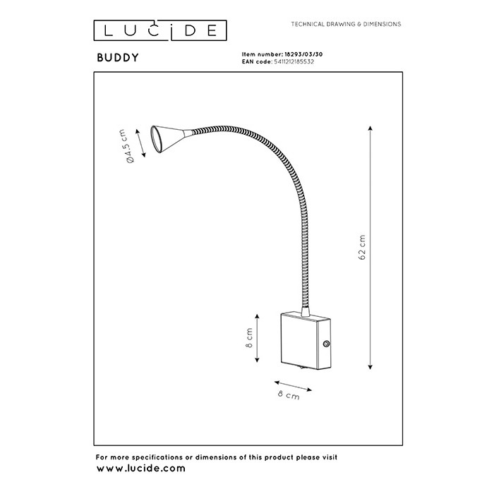 Бра Lucide 18293/03/30 Buddy, 3 Вт, 300 лм, 4000K