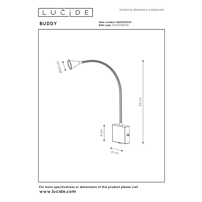 Бра Lucide 18293/03/31 Buddy, 3 Вт, 300 лм, 4000K