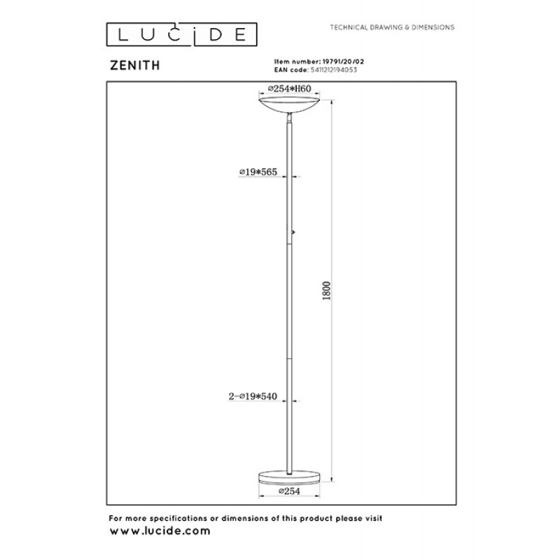 Торшер Lucide 19791/20/02 Zenith, 20 Вт, 2200 лм, 3000K