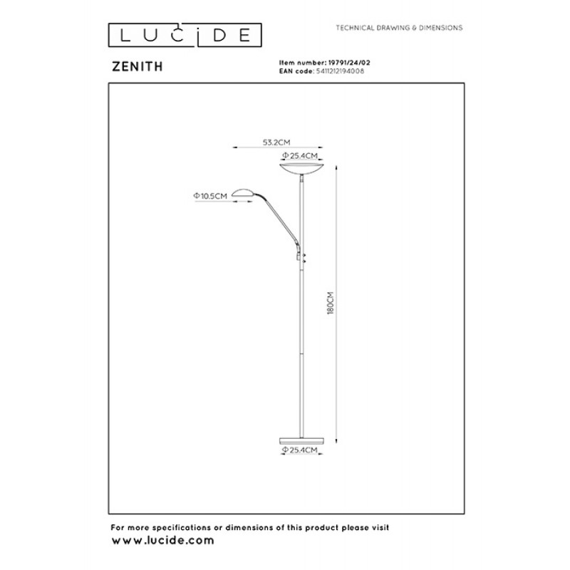 Торшер - Lucide 19791/24/02 Zenith, 20 Вт, 1600 лм, 3000K
