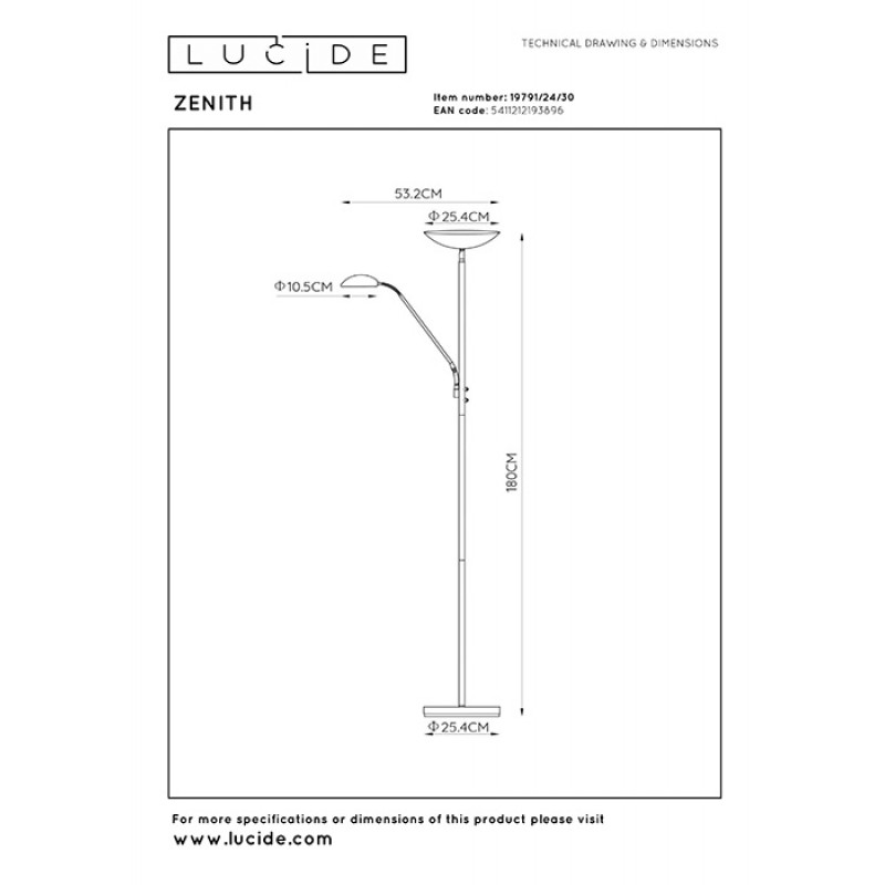 Торшер Lucide 19791/24/30 Zenith, 20 Вт, 1600 лм, 3000K