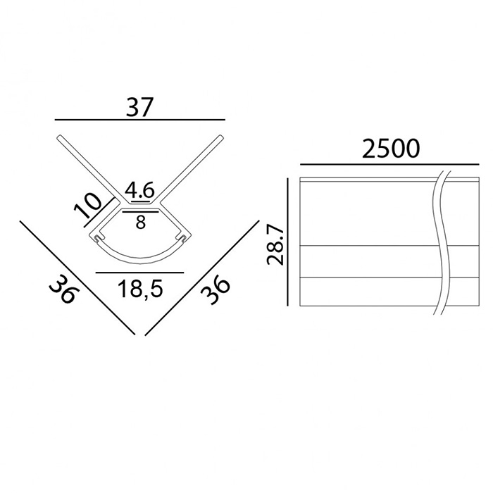Профиль с рассеивателем для светодиодной ленты Profile W&T OUT. L 2500mm, h 36mm, w 36mm (12.2510.WT.OUT.25)