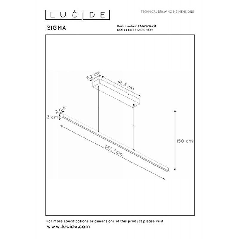Подвесной светильник Lucide 23463/36/31 Sigma, 38 Вт, 2104 лм, 2700K