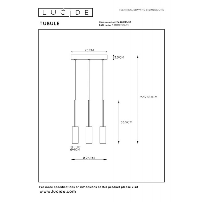 Подвесной светильник Lucide 24401/21/30 Tubule, 7 Вт, 1932 лм, 2700K