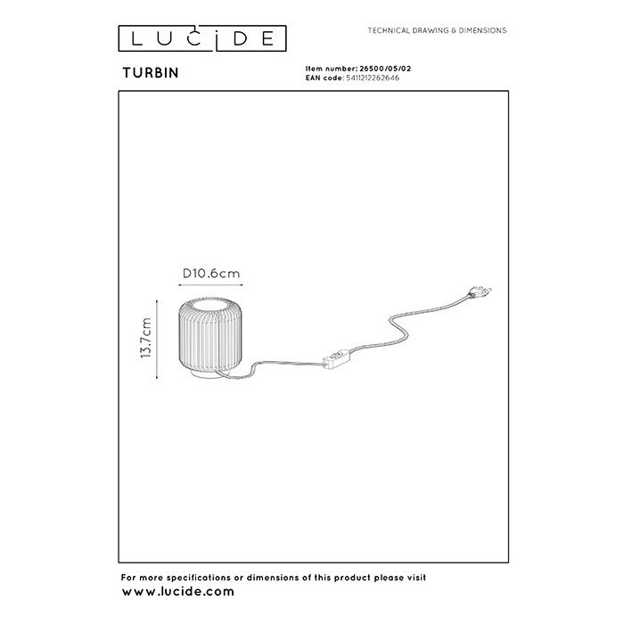 Настольная лампа Lucide 26500/05/02 Turbin, 5 Вт, 400 лм, 3000K