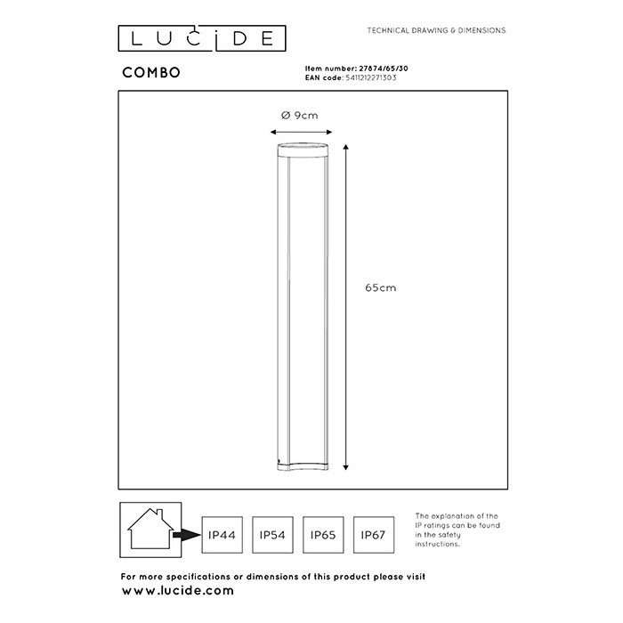 Парковый светильник Lucide 27874/65/30 Combo, 7 Вт, 200 лм, 3000K