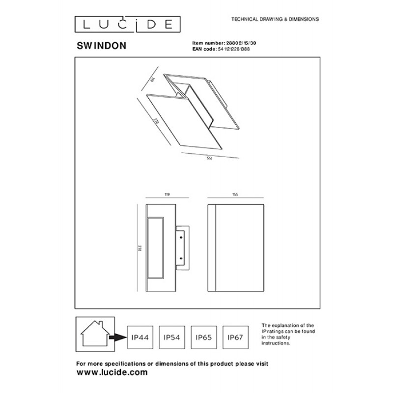 Настінний світильник Lucide 28802/15/30 Swindon, 16 Вт, 600 лм, 2700K