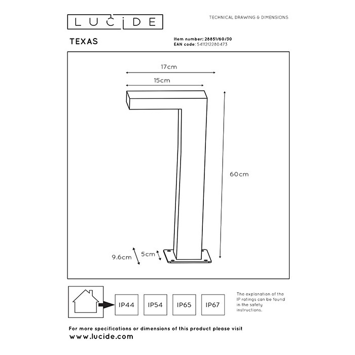 Парковый светильник Lucide 28851/60/30 Texas, 6 Вт, 230 лм, 3000K
