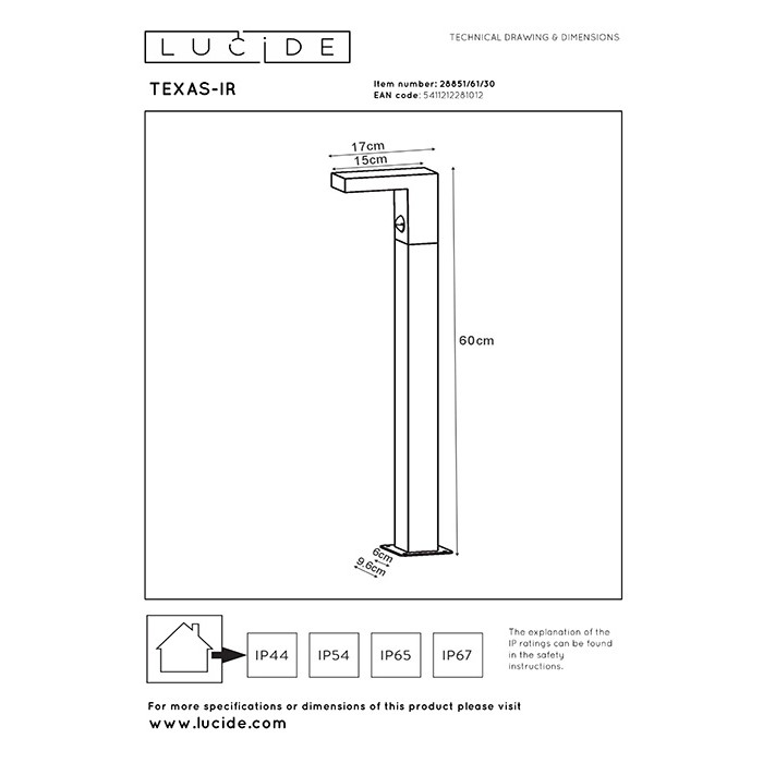 Парковый светильник Lucide 28851/61/30 Texas-Ir, 6 Вт, 230 лм, 3000K