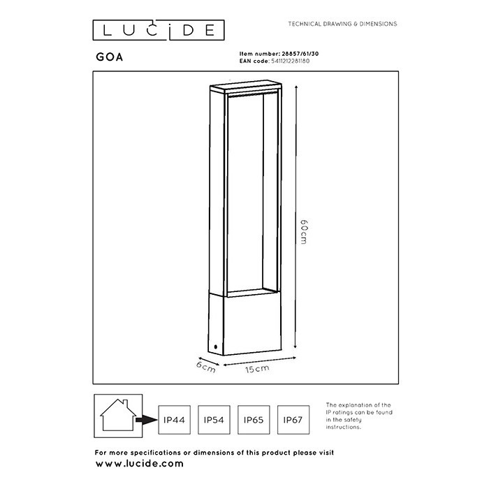 Парковый светильник Lucide 28857/61/30 Goa, 6.5 Вт, 350 лм, 3000K