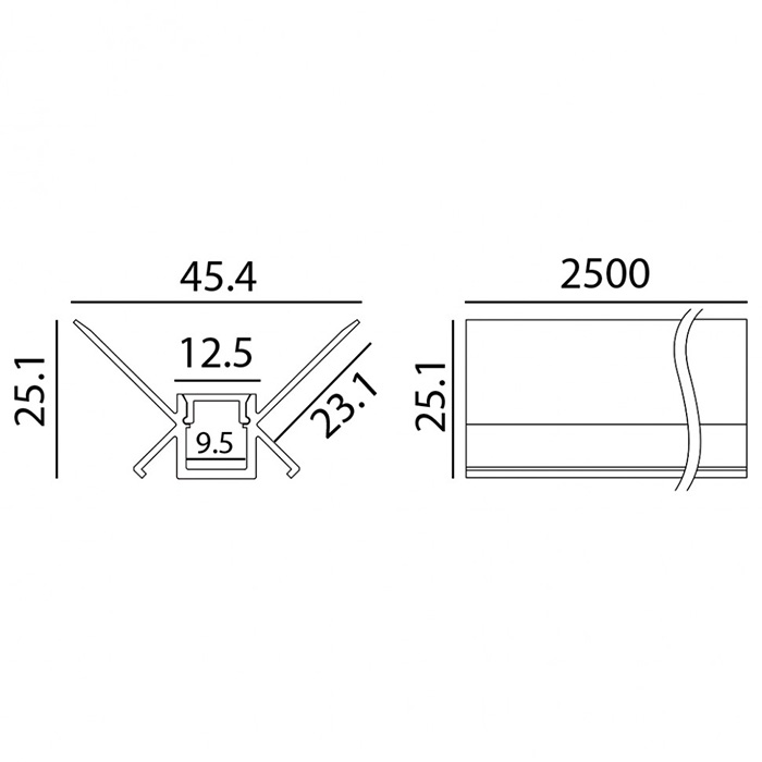 Профиль с рассеивателем с заглушками 2шт для светодиодной ленты LTX PROFILE IN. L2500mm, h25.1mm, w 45.4mm, (12.1212.IN.25)