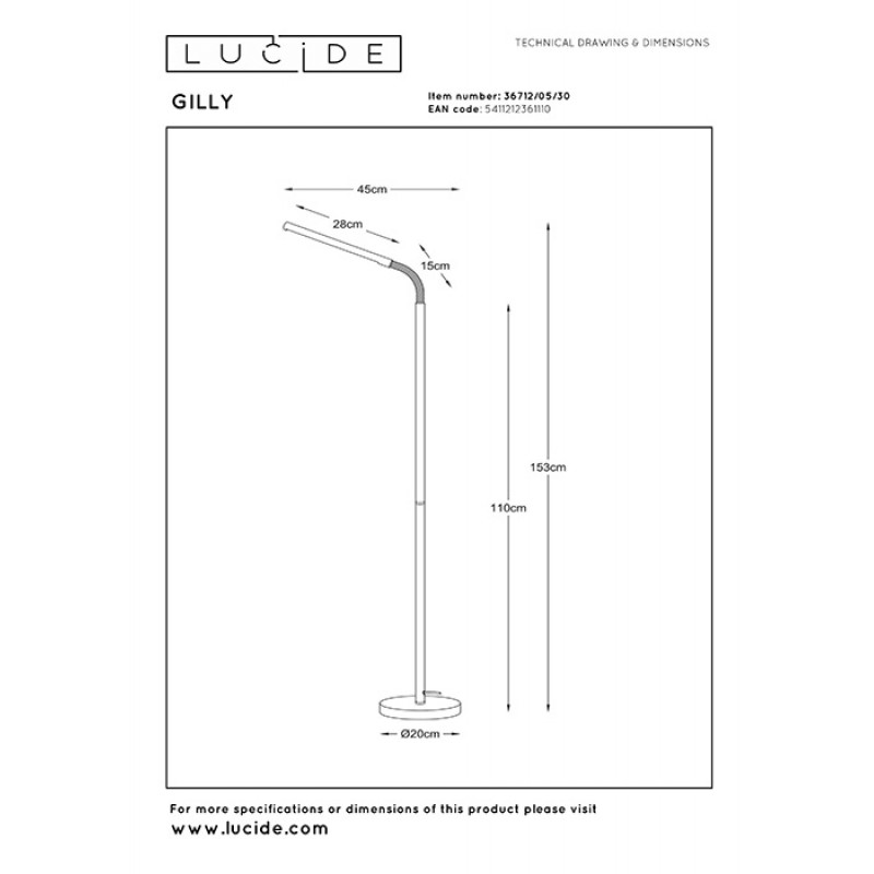 Торшер Lucide 36712/05/30 Gilly, 5 Вт, 410 лм, 2700K