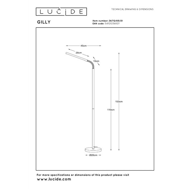 Торшер Lucide 36712/05/31 Gilly, 5 Вт, 410 лм, 2700K