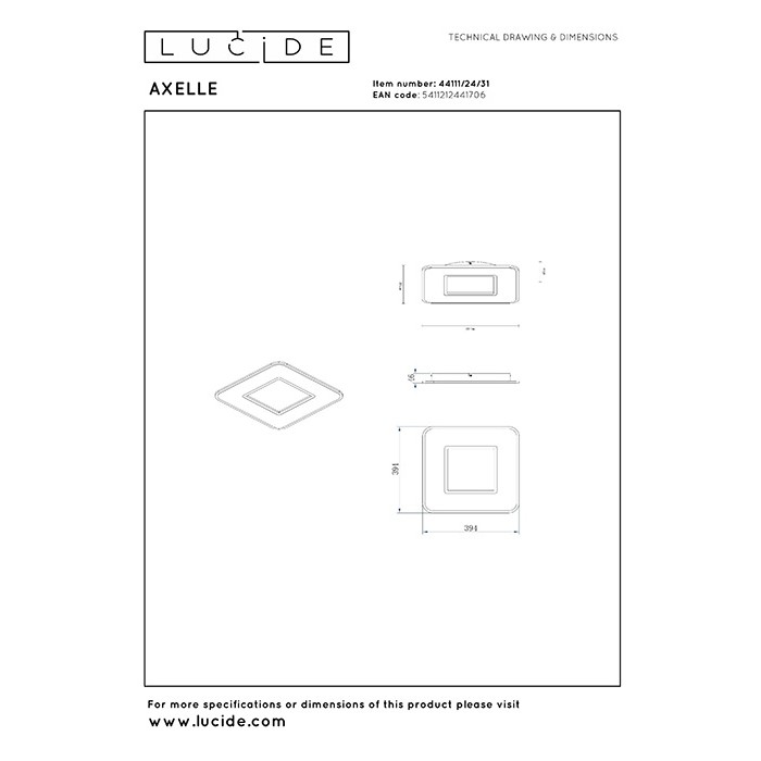 Потолочный светильник Lucide 44111/24/31 Axelle, 24 Вт, 1300 лм, 2550K/2850K