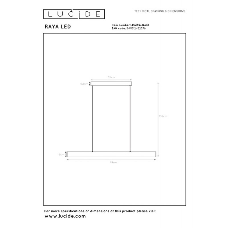 Подвесной светильник Lucide 45455/36/31 Raya led, 36 Вт, 3420 лм, 2700K
