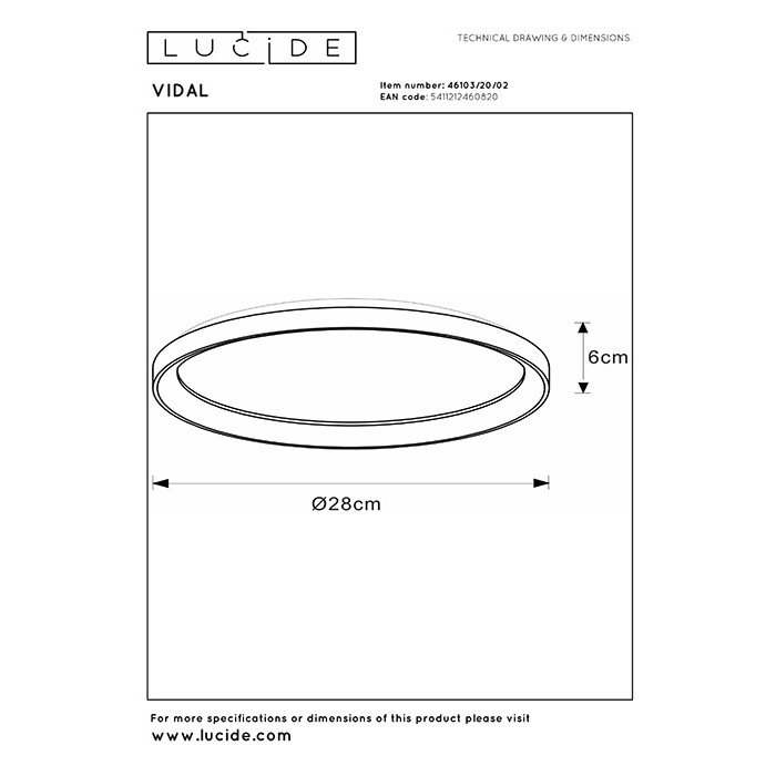 Стельовий світильник Lucide 46103/20/02 Vidal, 20 Вт, 1700 лм, 2700K