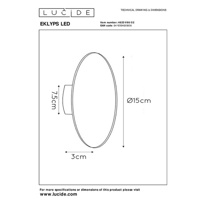 Настенный светильник Lucide 46201/06/02 Eklyps led, 6 Вт, 360 лм, 3000K
