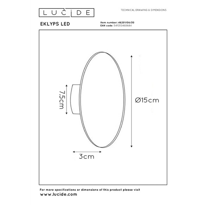 Настенный светильник Lucide 46201/06/30 Eklyps led, 6 Вт, 360 лм, 3000K
