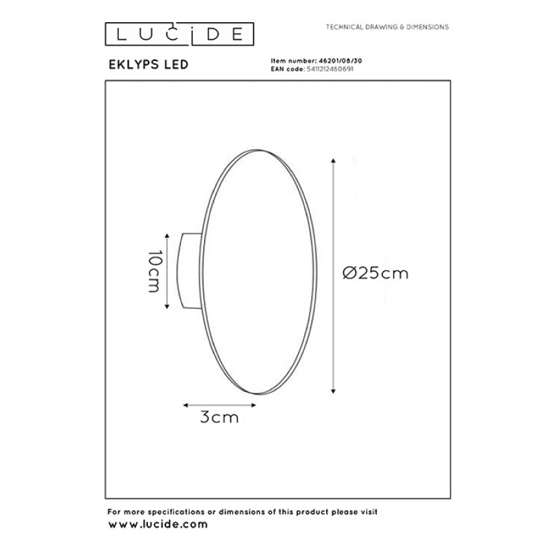 Настенный светильник Lucide 46201/08/30 Eklyps led, 8 Вт, 480 лм, 3000K