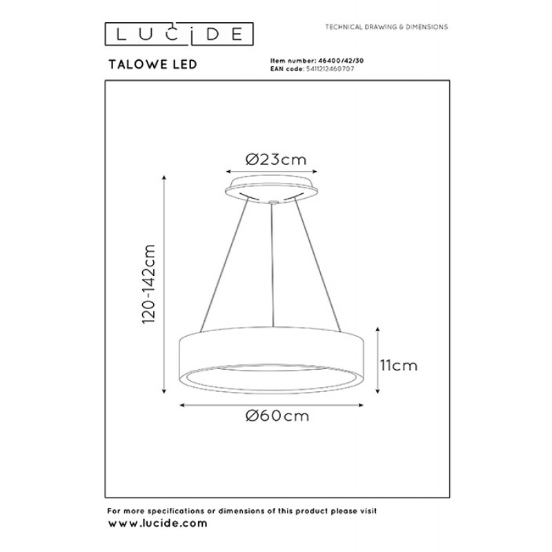 Підвісний світильник Lucide 46400/42/30 Talowe led, 39 Вт, 2340 лм, 3000K