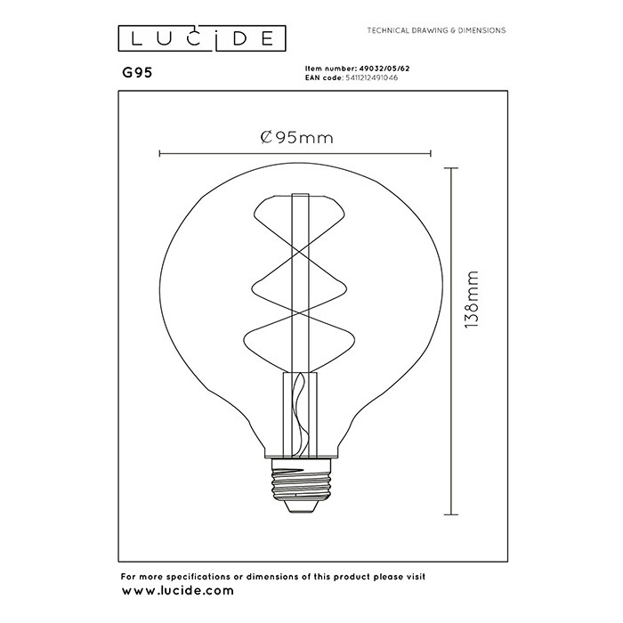Лампа світлодіодна Lucide 49032/05/62 Filament, G95 5W 2200K E27 Dimmable, 360°