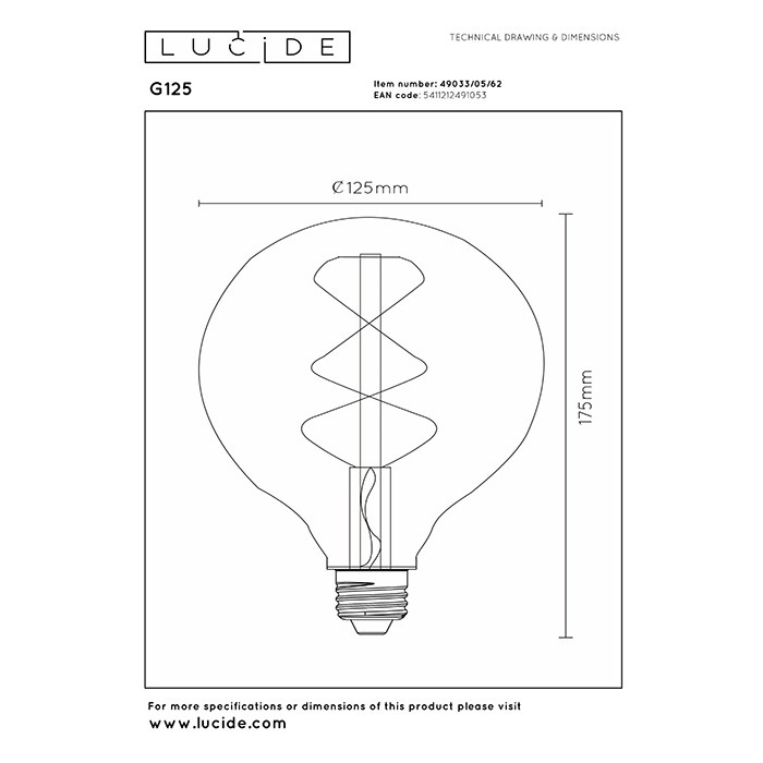 Лампа світлодіодна Lucide 49033/05/62 Filament, G125 5W 2200K E27 Dimmable, 360°