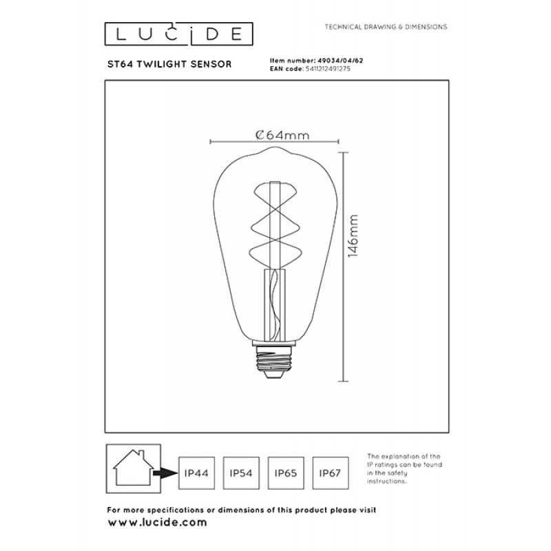 Светодиодная лампа Lucide 49034/04/62 Led bulb, ST64 4W 2200K E27, 360°