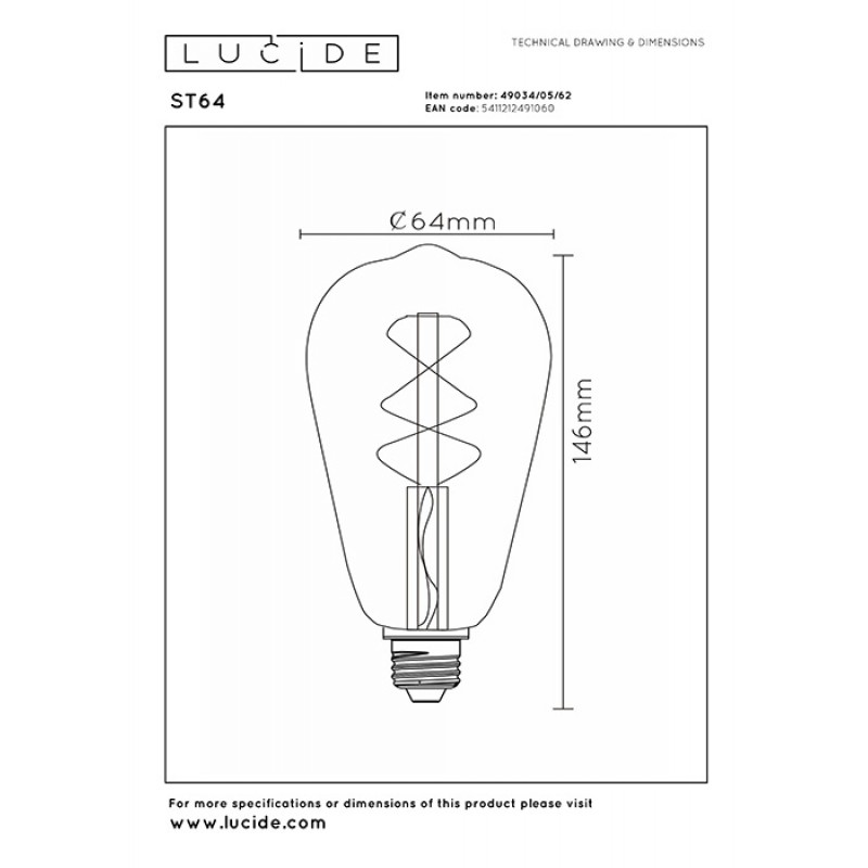 Светодиодная лампа Lucide 49034/05/62 Filament, ST64 5W 2200K E27 Dimmable, 360°