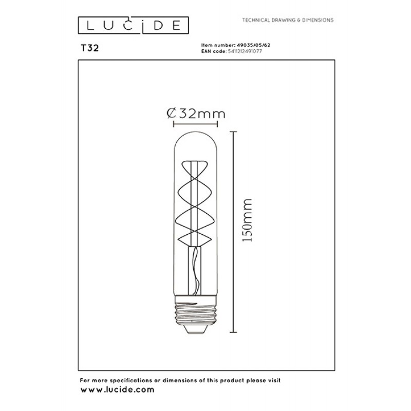 Лампа светодиодная Lucide 49035/05/62 Filament, T32 5W 2200K E27 Dimmable, 360°