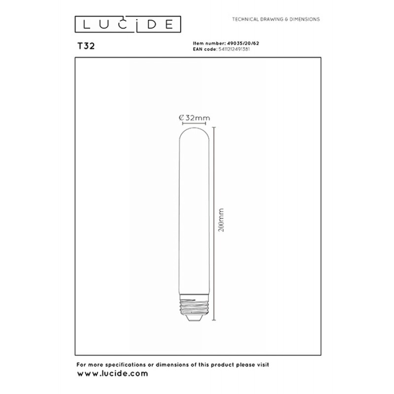 Светодиодная лампа Lucide 49035/20/62 Led bulb, T32 5W 2200K E27 Dimmable, 360°