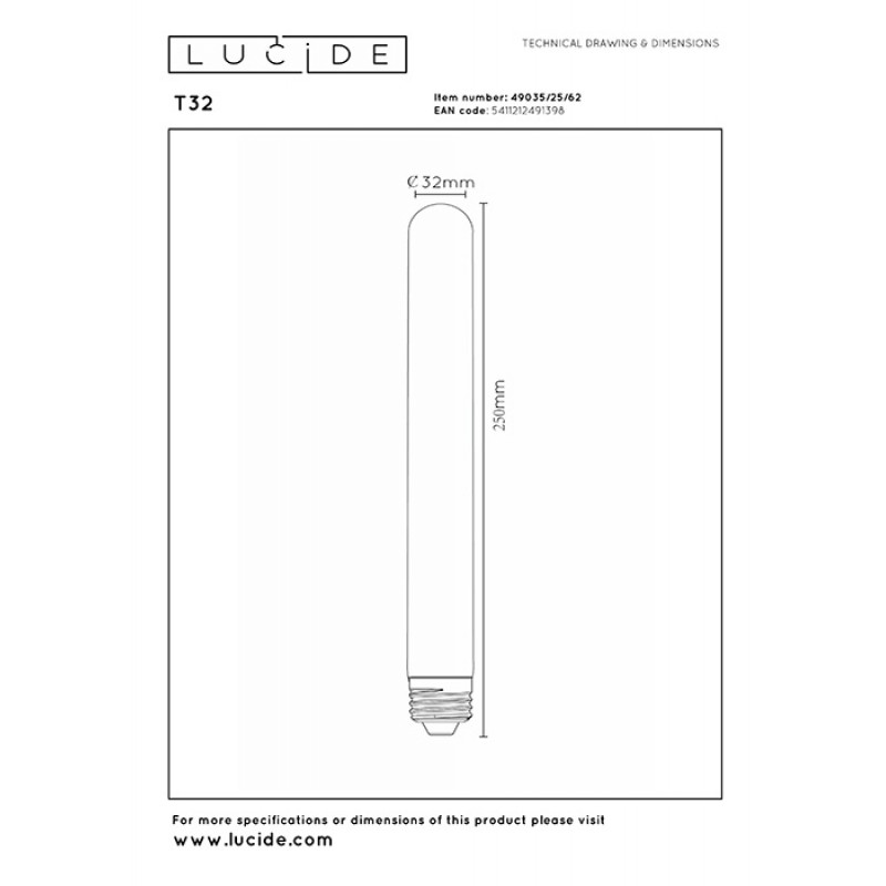 Светодиодная лампа Lucide 49035/25/62 Led bulb, T32 5W 2200K E27 Dimmable, 360°