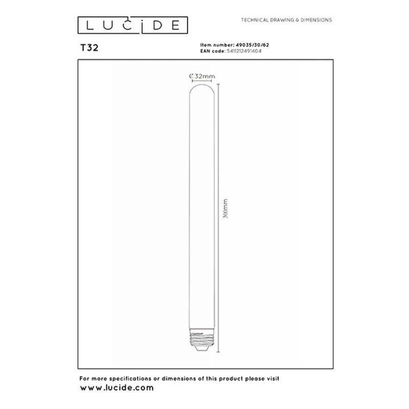 Светодиодная лампа Lucide 49035/30/62 Led bulb, T32 5W 2200K E27 Dimmable, 360°