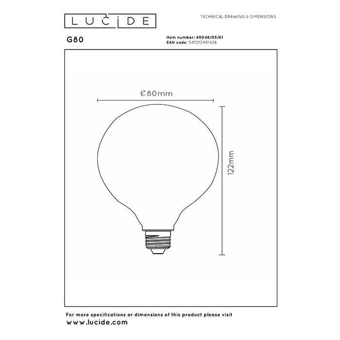 Лампа світлодіодна Lucide 49048/05/61 Filament bulb, G80 5W 2700K E27 Dimmable, 360°