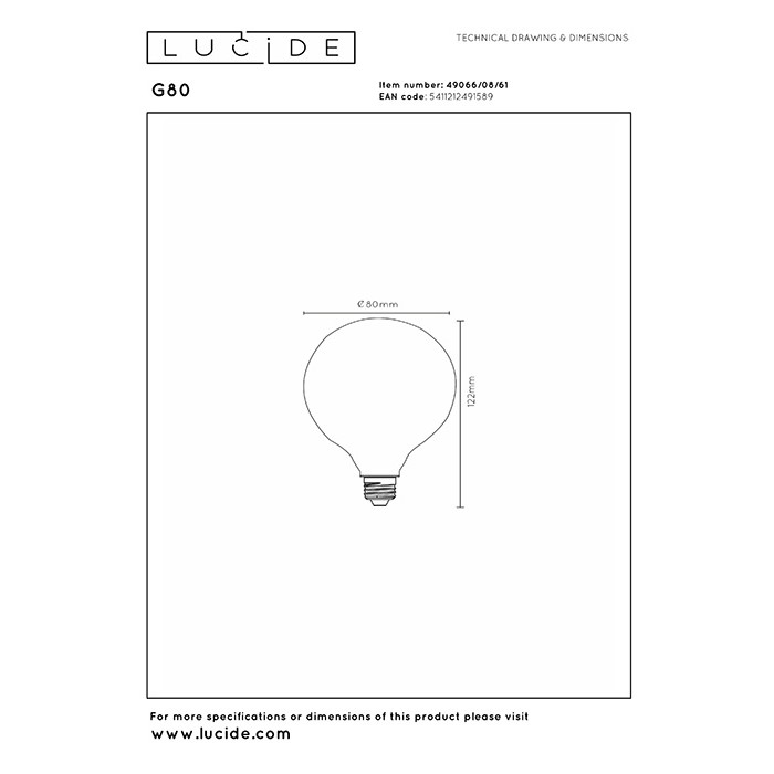 Лампа світлодіодна Lucide 49066/08/61 Step dim bulb, G80 8W 2700K E27 Dimmable, 360°