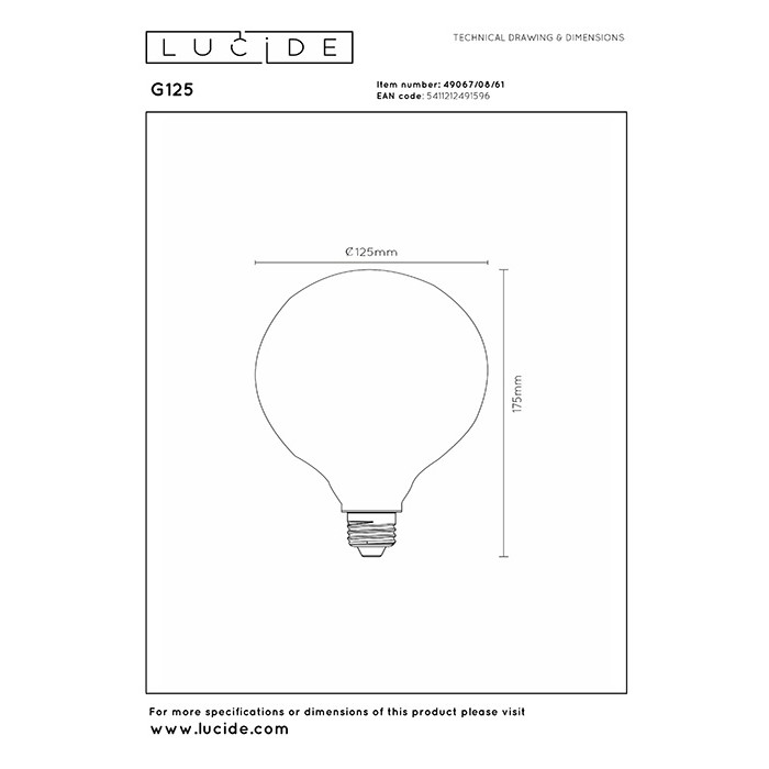Лампа світлодіодна Lucide 49067/08/61 Step dim bulb, G125 8W 2700K E27 Dimmable, 360°