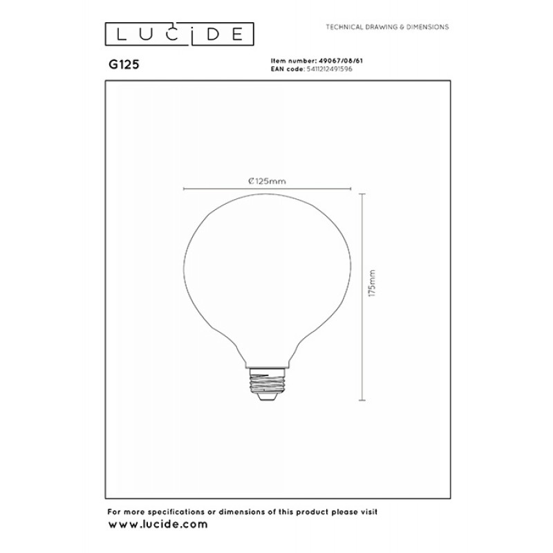 Лампа світлодіодна Lucide 49067/08/61 Step dim bulb, G125 8W 2700K E27 Dimmable, 360°