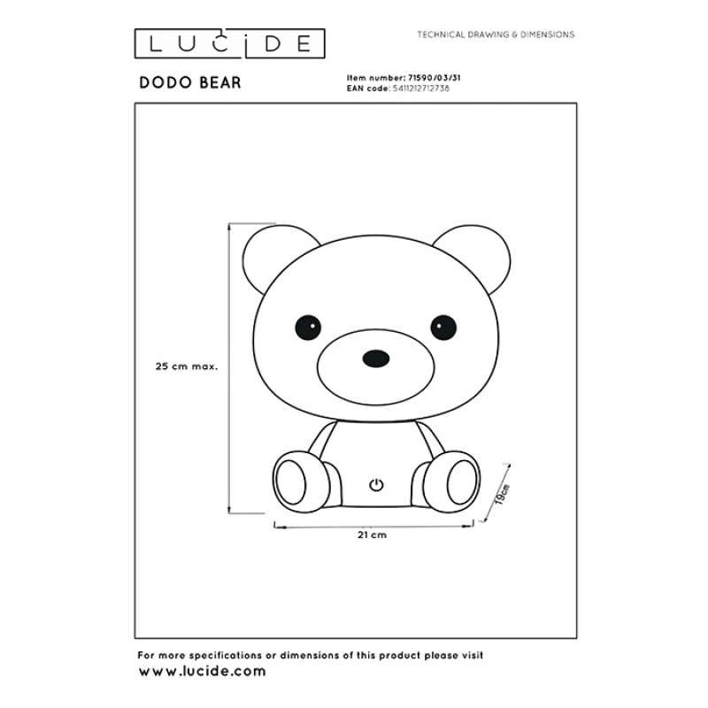 Настольная лампа Lucide 71590/03/31 Dodo bear, 3 Вт, 70 лм, 3000K