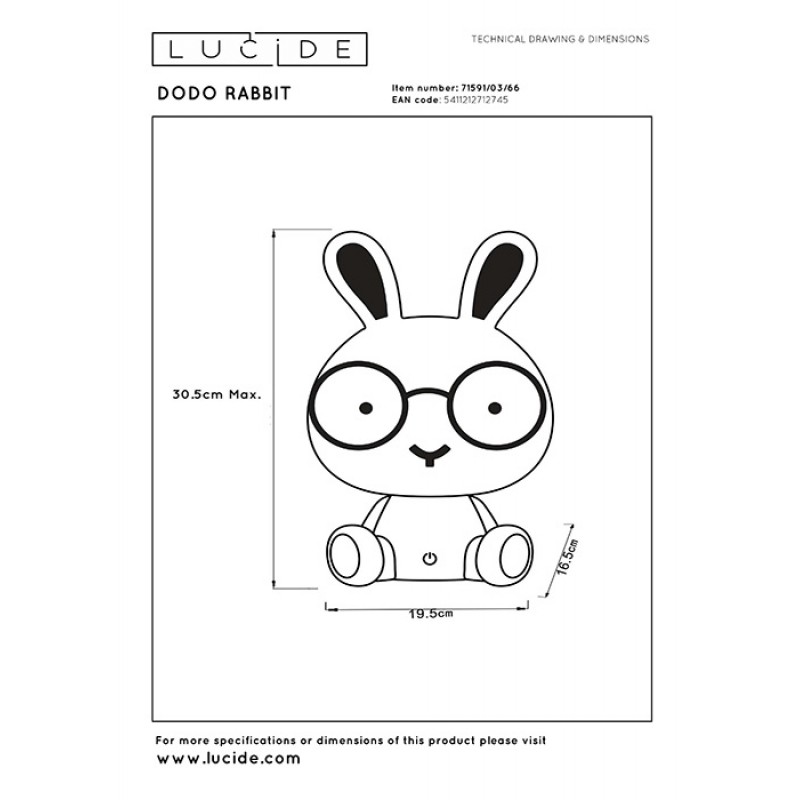 Настольная лампа Lucide 71591/03/66 Dodo rabbit, 3 Вт, 120 лм, 4000K